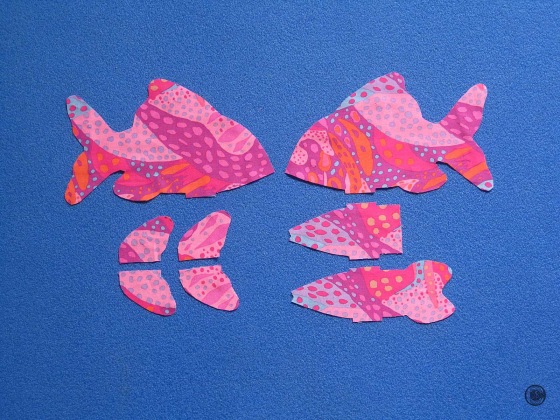 The Finger Pocket Fish 1 “This Little Fishy” Fabric pieces were Mixed & Matched to create a Pink & Purple Fish 