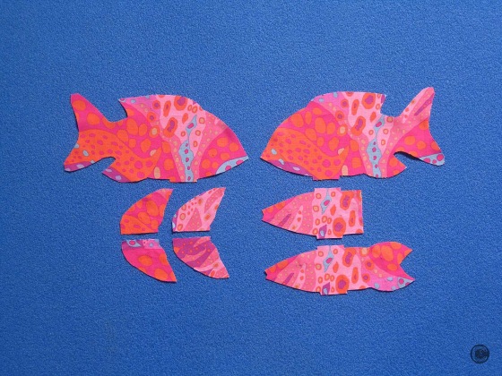 The Finger Pocket Fish 2 “That Little Fishy” Fabric pieces were Mixed & Matched to create an Orange & Pink Fish
