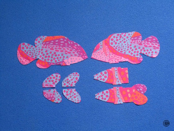 The Finger Pocket Fish 3 “Another Little Fishy” Fabric pieces were Mixed & Matched to create a Blue & Pink Fish